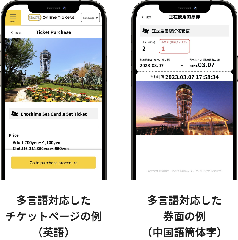 多言語対応したチケットページの例（英語）多言語対応した券面の例（中国語簡体字）